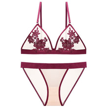 Load image into Gallery viewer, High Quality Wire Free Bra And Transparent Ultra Thin Panties Sets Seamless Unlined Plunge Underwear Floral Embroidery Lingerie
