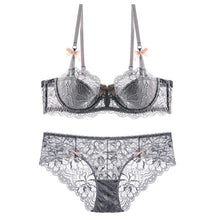 Load image into Gallery viewer, High Quality Half Cup Plunge Bra Lace Transparent Panties Suit Sexy Women Underwear Set