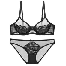 Load image into Gallery viewer, High Quality Half Cup Plunge Bra Lace Transparent Panties Suit Sexy Women Underwear Set