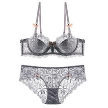 Load image into Gallery viewer, High Quality Half Cup Plunge Bra Lace Transparent Panties Suit Sexy Women Underwear Set